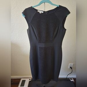 London Times Black Sparkly Sheath Midi Dress Crew Neck